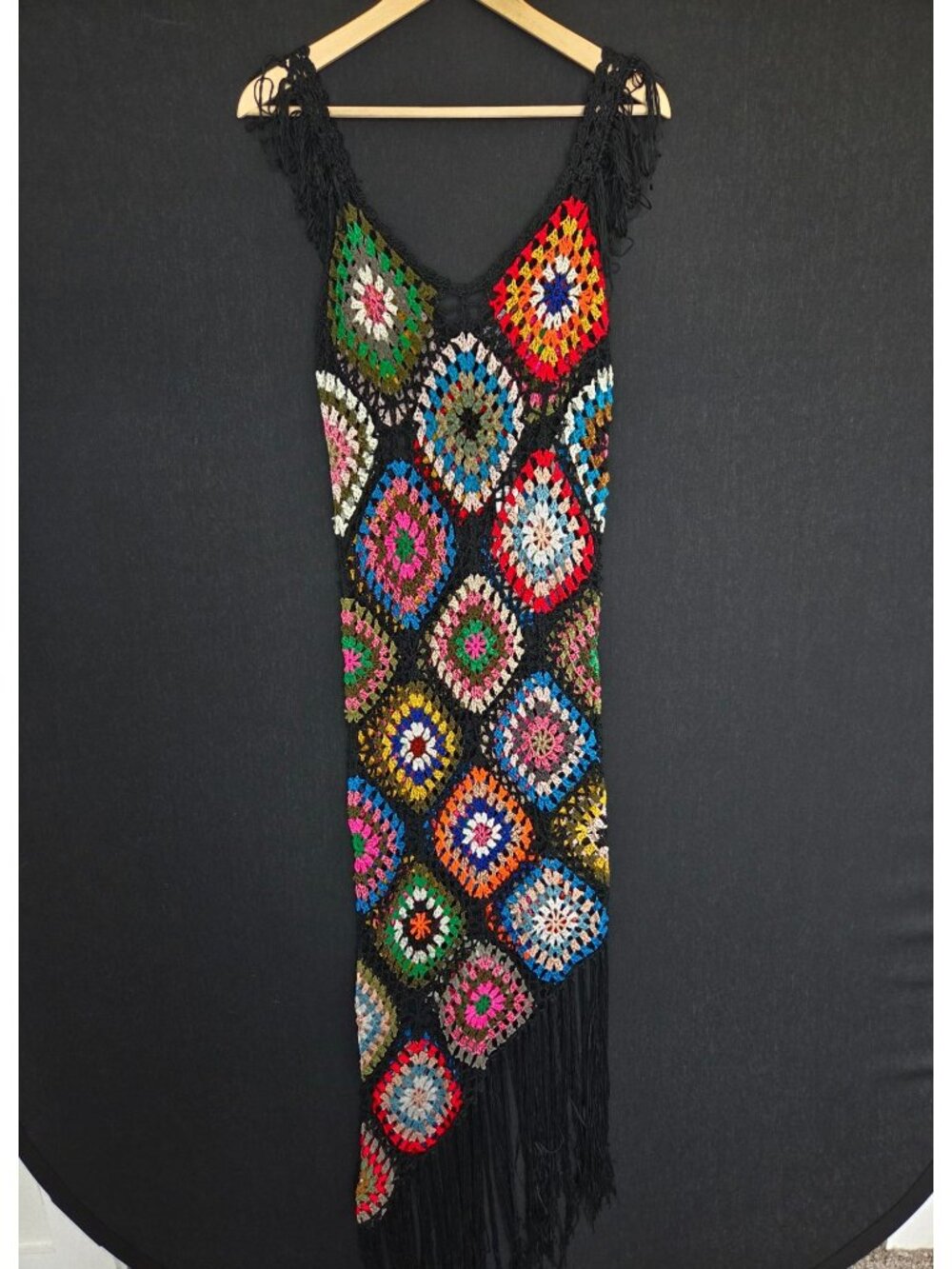 NWT Fashion Nova Black Multicolor Crochet Size L/XL Granny Square Fringe Maxi